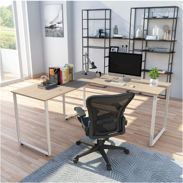 Metal and Wood L Shape Desk for Home Office Study Table in Modern Design