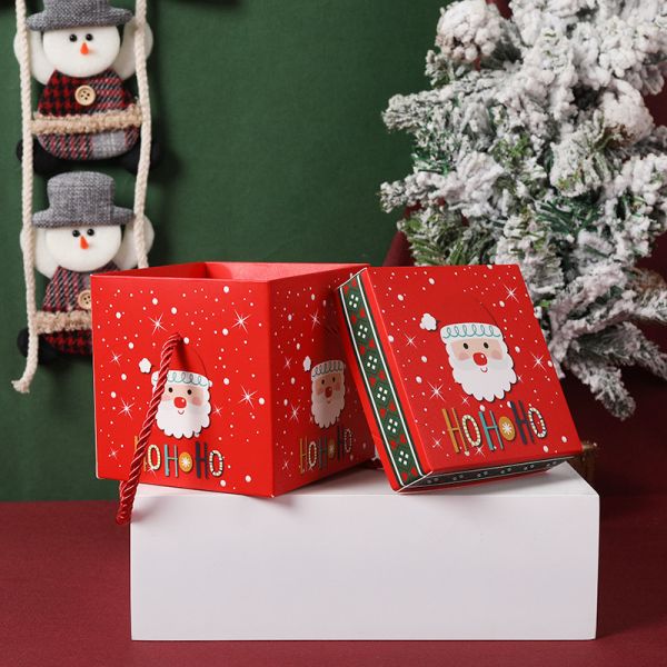 Christmas Santa Face Apple Gift Box Set Red Paper Packaging Festive Carry Handle Design Sturdy Christmas Eve Gift Box