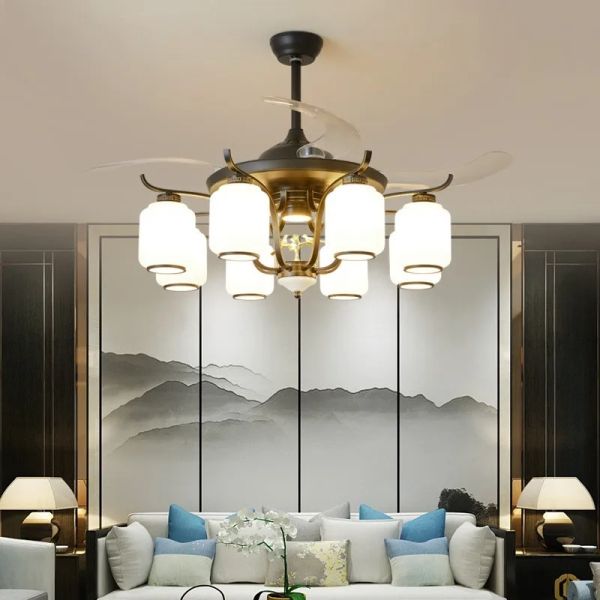 Luxury Ceiling Fan Light Remote LED Electric Fan Light with glass lampshade metal Stealth Fan Light (WH-VLL-28)