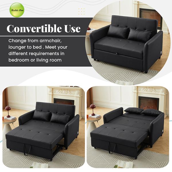 Modern 3-in-1 PU Leather Convertible Sofa Bed with USB Charging Port Space-Saving Pull Out Sofa Bed For Living Room Furniture