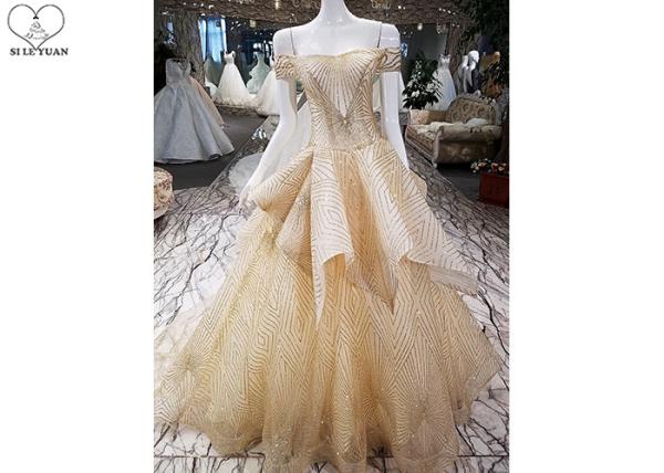 Special Gold Sequin Prom Dress Off Shoulder Short Sleeve Back Bandage Puffy Tail