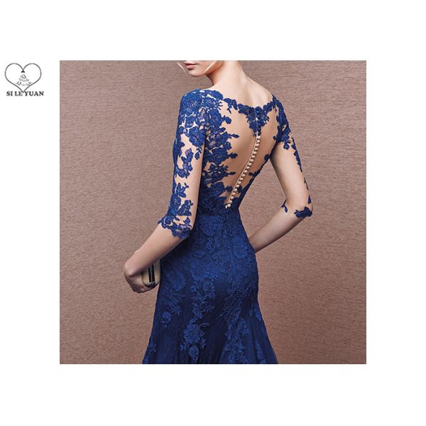 Navy Blue Black Mermaid Style Prom Dress , V Neck Ball Gown Naked Back Tulle