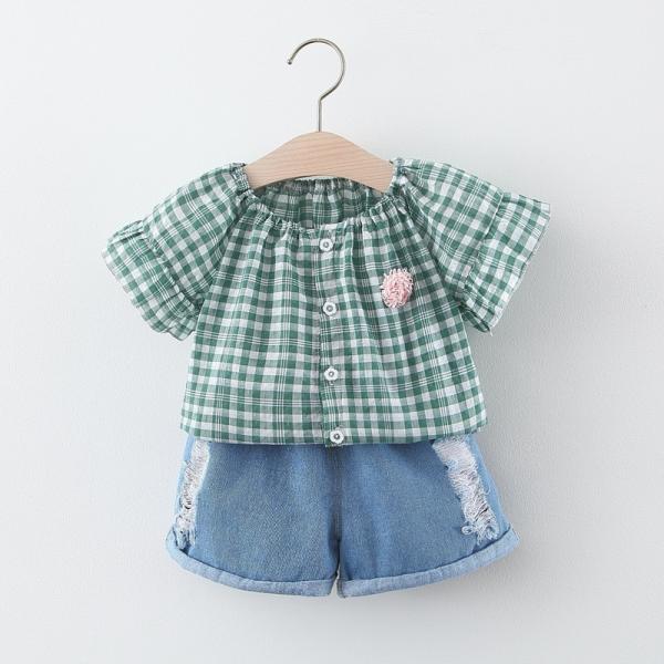 39in Plaid Suit Cute Children'S Outfit Sets Clothes Denim Shorts Oem Short Sleeved