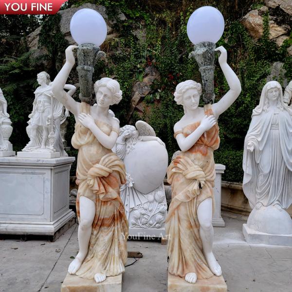 Hand Carved Life Size White Garden Arts Floor Statue Girl Marble Sculptures Lamp