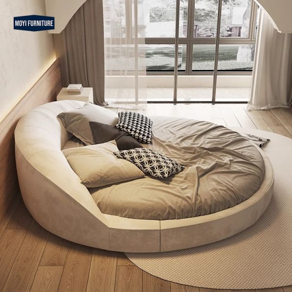 OEM Accepted Modern Minimalist King Size Round Fabric Bed Frosted Luxury Villa French Style Wedding Bed Soft Double Bed