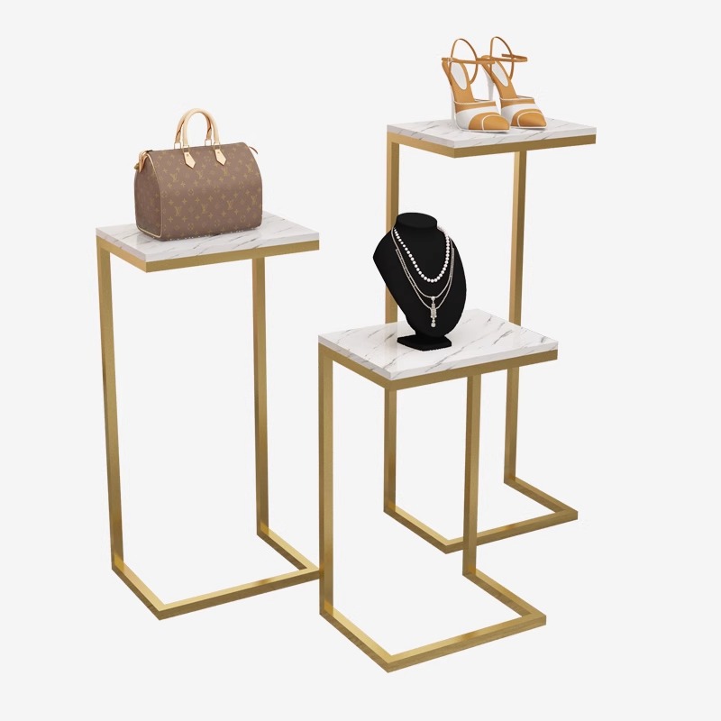 Durable Gold Metal Wood Floor Type Display Stand Marble-Design Panel Shelf Promotional Rack Clothing Shoes S/M/L Sizes 1 Pcs
