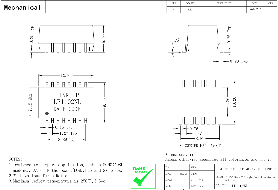 Трансформатор LP41671ANL-6 телекоммуникаций Lan высоковольтной 4800V PoE+ изоляции XFATM9ULR1 магнитный