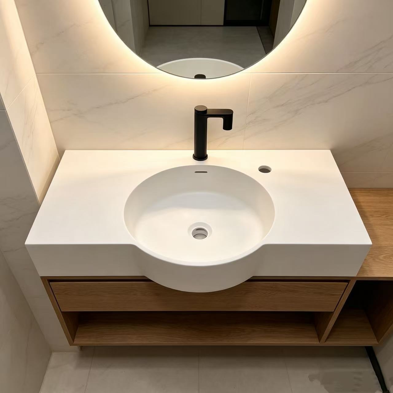 SOLID SURFACE INTEGRATED COUNTERTOP ROUND BASIN VANITY,SOLID SURFACE VANITY TOP, INTEGRATED ROUND SINK COUNTERTOP, ARTIFICIAL STONE BATHROOM BASIN, WOOD CABINET VANITY UNIT,