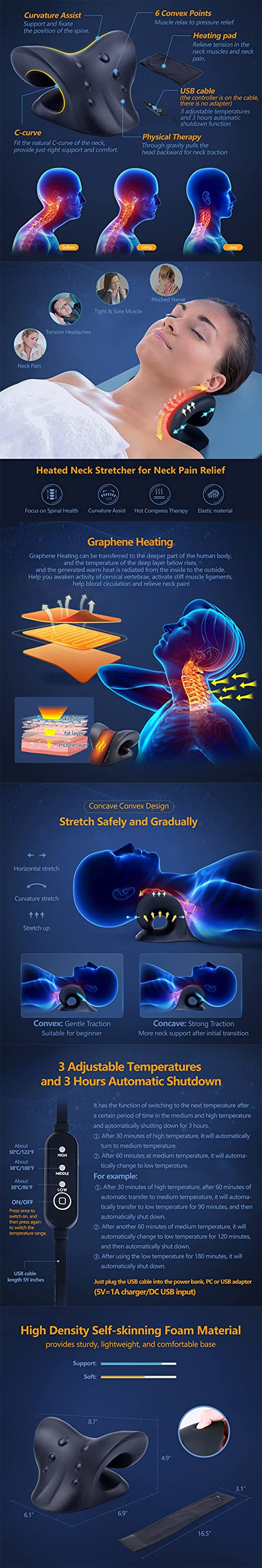 Neck Pain Relief Heated Cervical Traction Device Pillow Neck Stretcher with Graphene Heating Pad