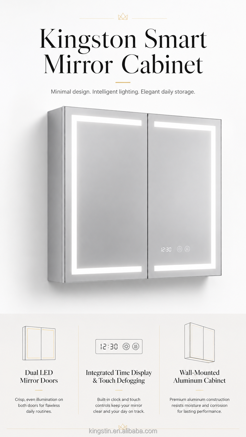 Kingstin Custom LED Bathroom Mirror Cabinet Aluminum Smart Medicine Cabinet with Defogger Clock Touch Light