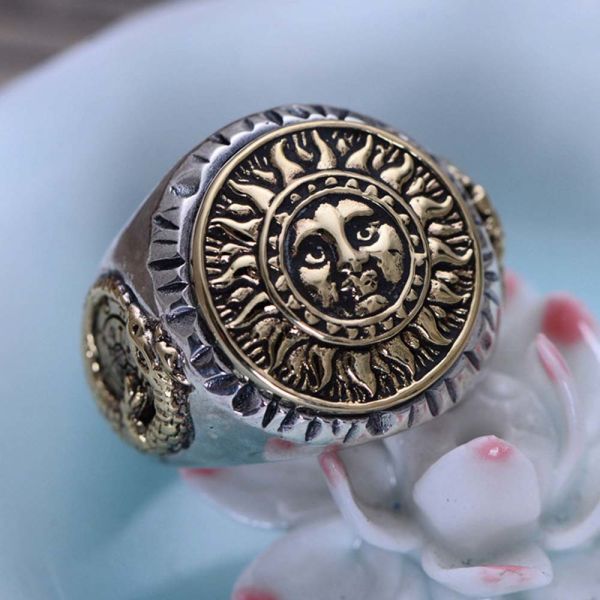 Antiquated Sterling Silver Brass 2 Tone Sunflowers Design Men Ring (058842)