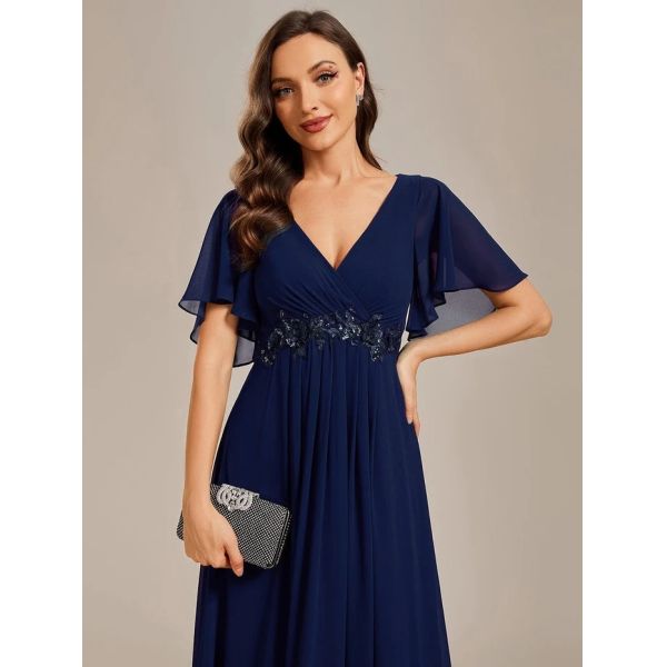 Sexy Empire Applique A-line Short Flutter Sleeves V-neck Invisible Zipper Dark Green Chiffon Evening Dress