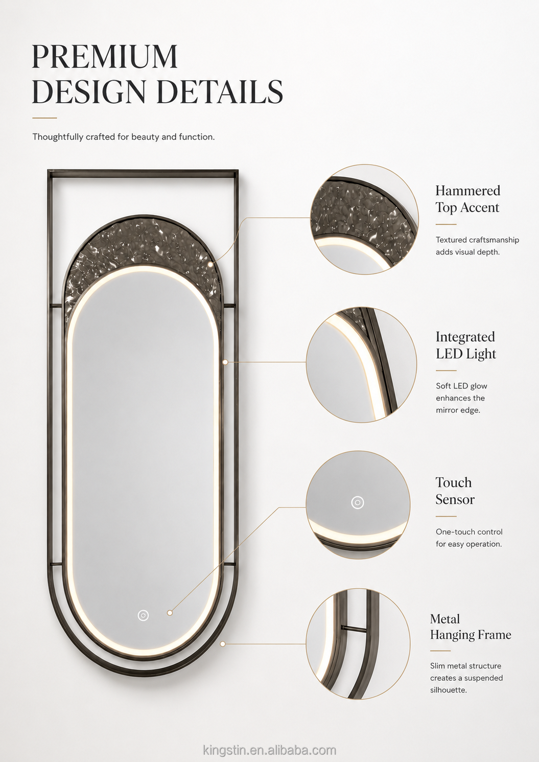 Kingstin Hanging LED Bathroom Mirror, Oval Backlit Vanity Mirror with Water Ripple Design, Customizable Size, Defogger