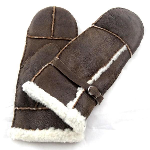 Bilberry Cheap Patched Sheepskin Lamb Fur Mittens with Belt for lady brown color