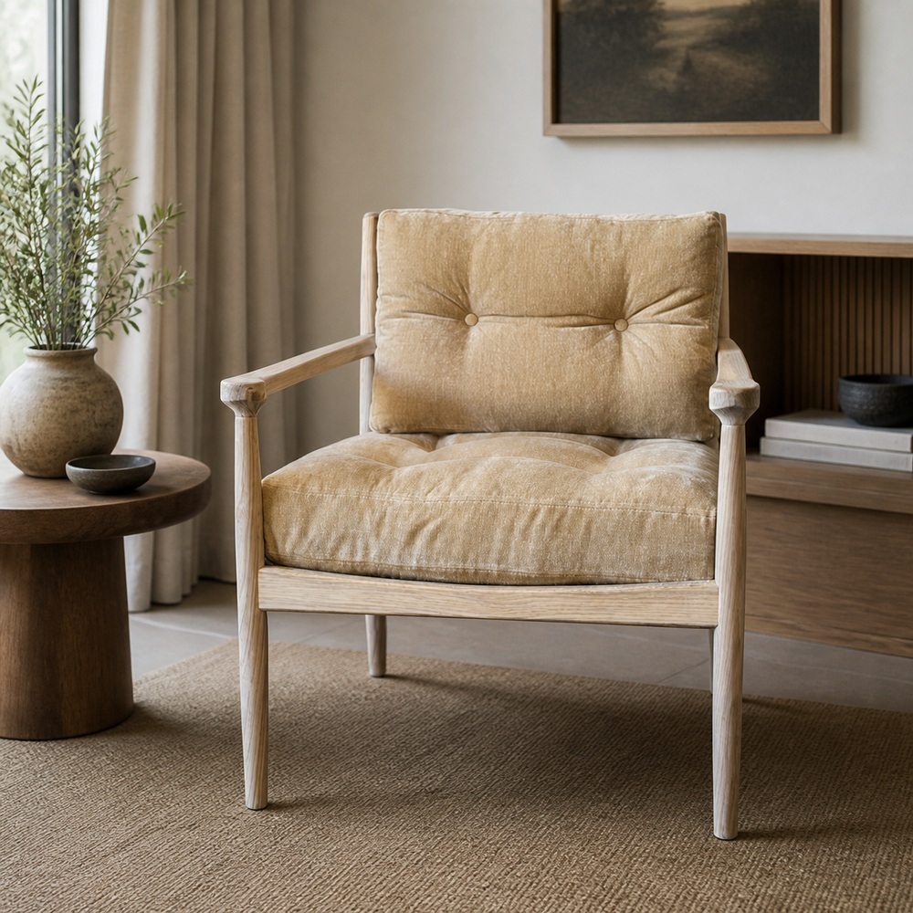 Mid-Century Solid Wood Frame Cushioned Lounge Chair, 1-Seater LG-5011
