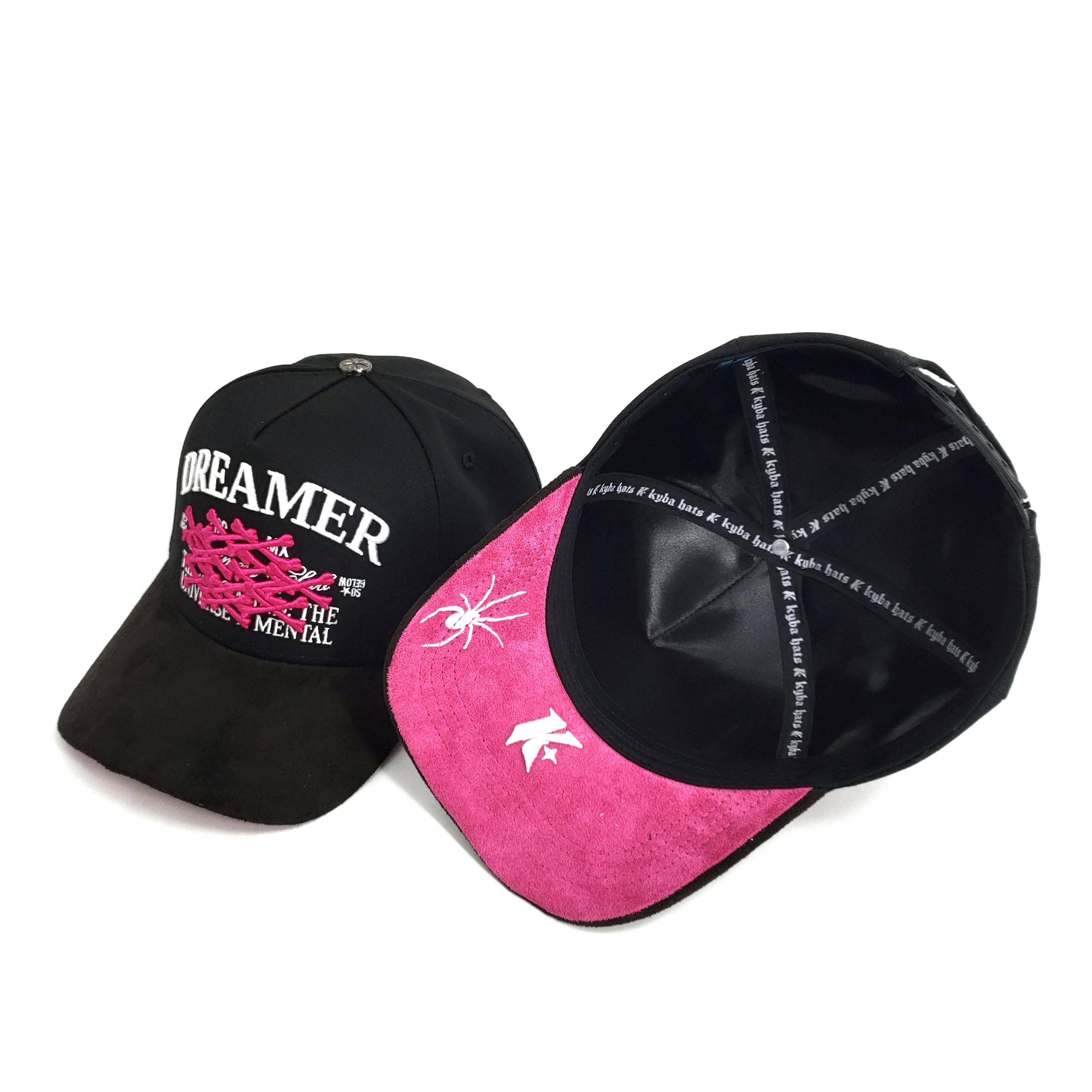 Streetwear Baseball Hats Customize 3D Embroidery Logos Hot Pink Suede Brim High Crown Cotton Full Black Satin Lined
