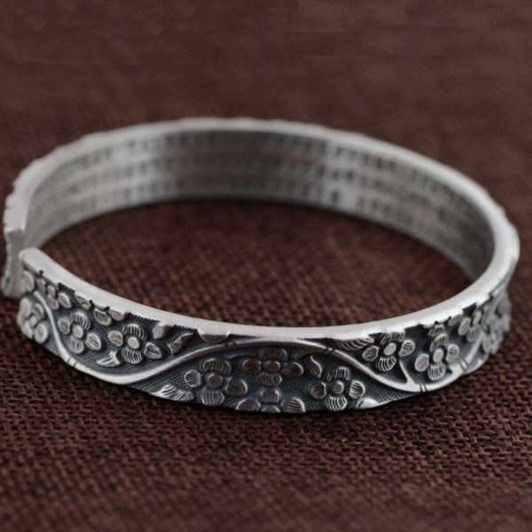 Women Sterling Silver Engraved Flowers Buddhist Sutras Retro Cuff Bracelet Bangle (SZ0161)