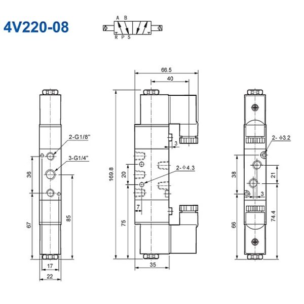 0.15~0.8MPa 5/2 and 5/3 Way Inner Guide Type Airtac Pneumatic Solenoid Valves 4V220-08