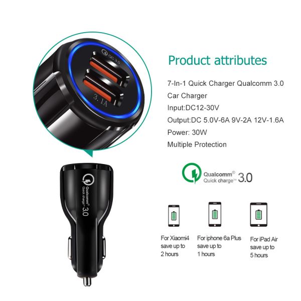 Stable Current USB Car Charger Max 30w Output Fast Data Transmission safe use