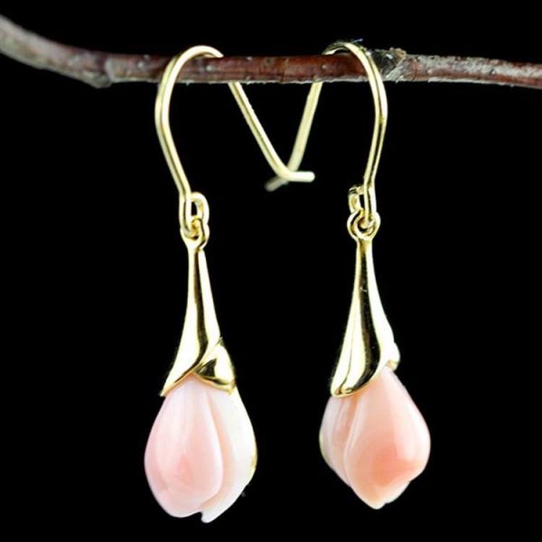 18K Gold Plated Sterling 925 Silver Pink Shell Sculptured Tulip Drop Earring (EZ760003E)