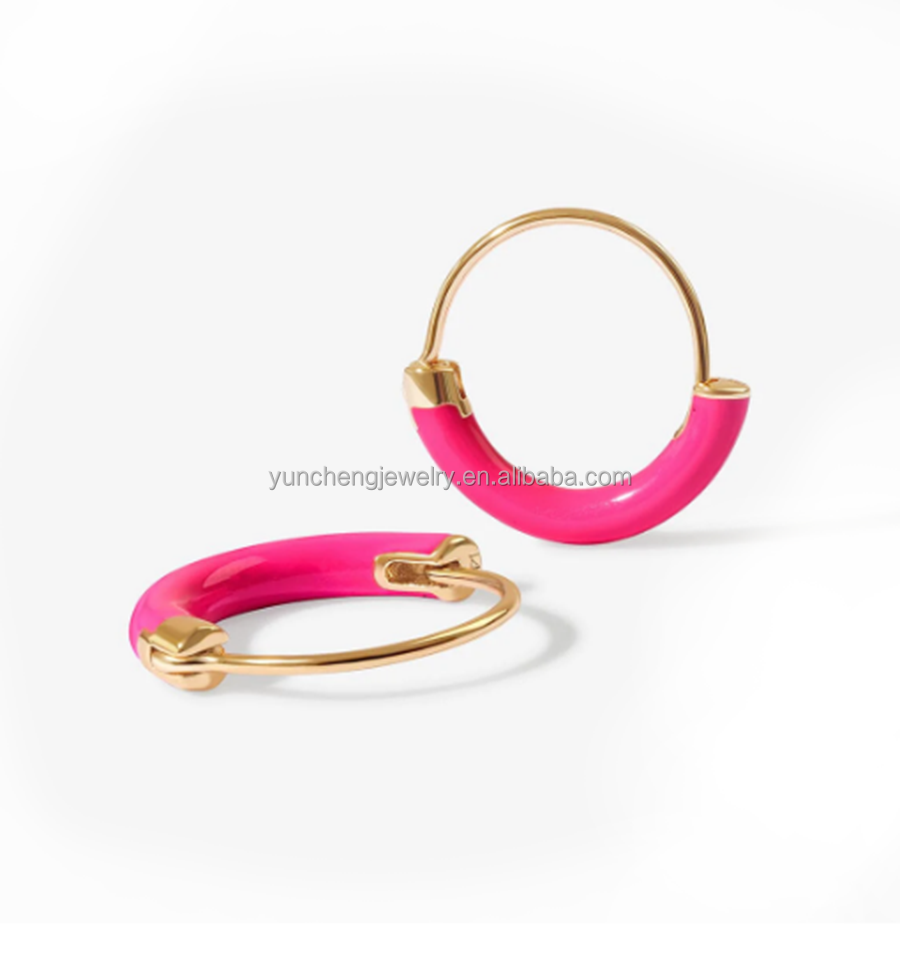 925 Стерлинговые серебряные серьги 18 мм Диа кружки с горячим розовым эмалированным и 18K золотой покрытие