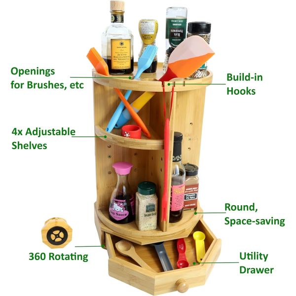 202407 Adjustable Shelves and Drawer Bamboo Rotating Makeup Organizer Household Items