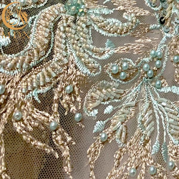 140Cm Width 3D Embroidery Lace Fabric With African Beaded  5 Yards