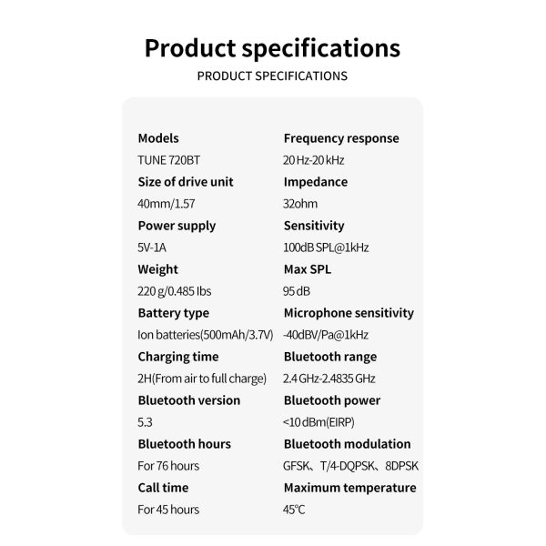 Tune d'écouteurs 720BT Active Noise Cancelling Écouteurs en gros Écouteurs haut de gamme Outdoor Over-Ear DJ Studio Collier pour jbl