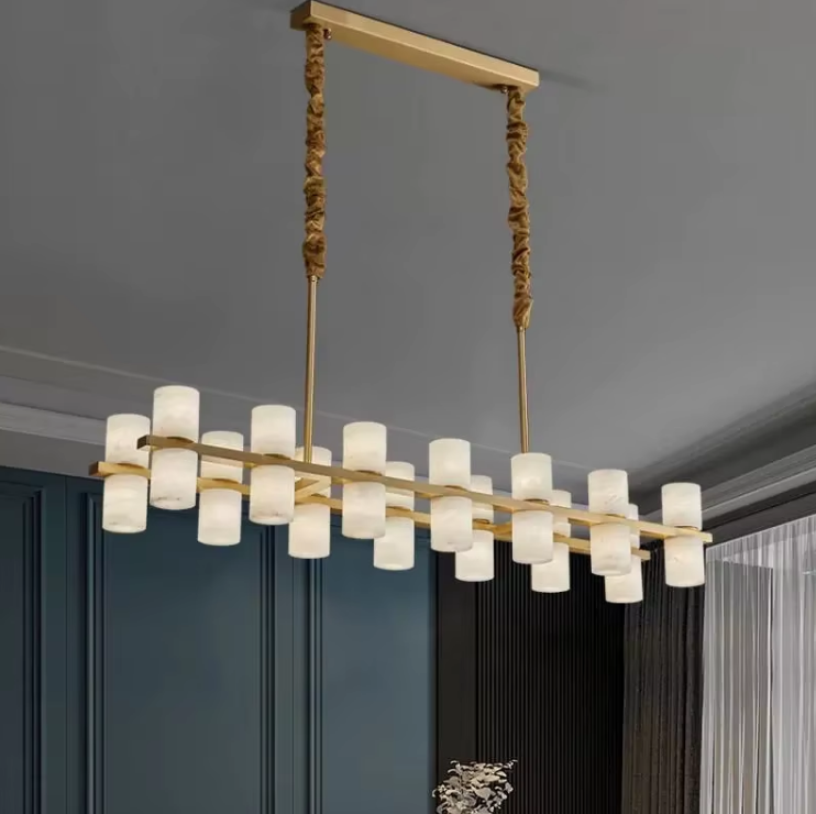 Custom Dining Room Bar Rectangle Ceiling Luxury Alabaster Decorative Chandelier Gold Brass Pendant Light