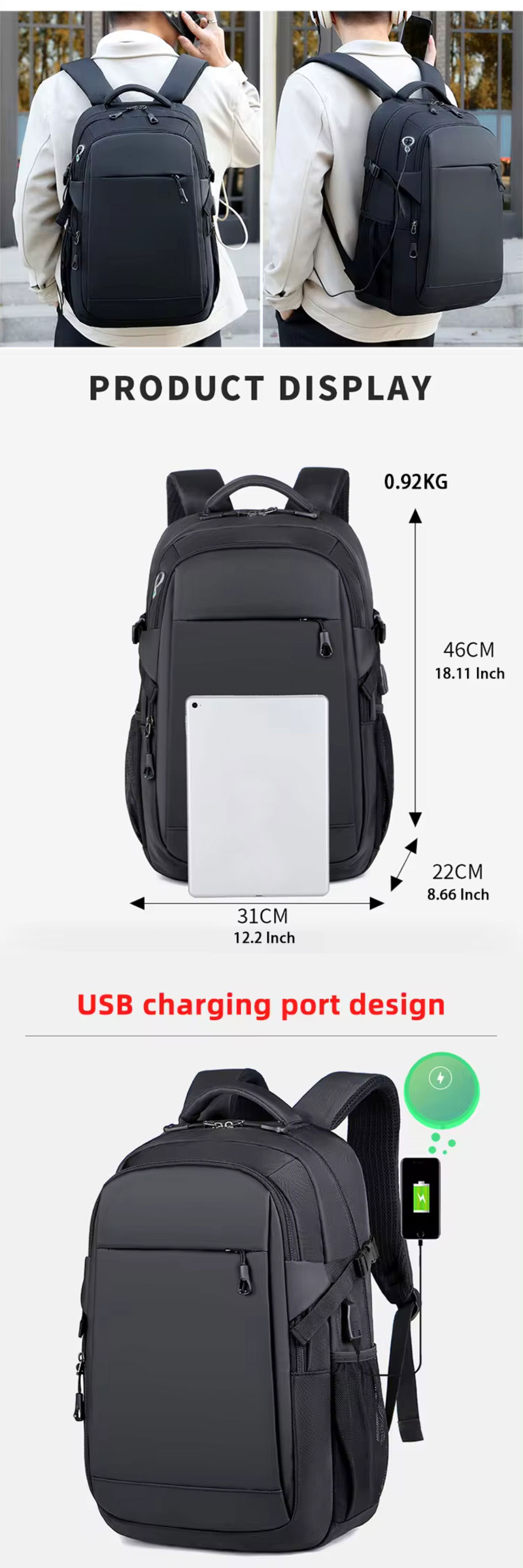 Laudtec 17.3 Inch Laptop Backpack Waterproof Unisex Business Shockproof Large Capacity Nylon School USB Trolley Computer Custom