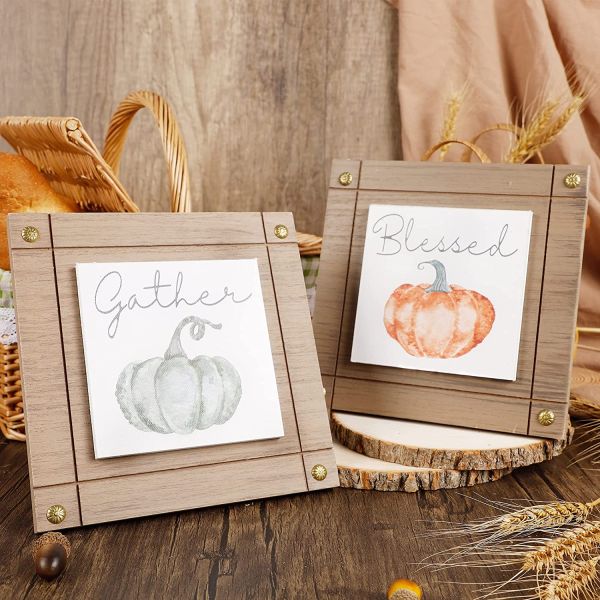 Thanksgiving Decorations Set of 2 Wooden Tabletop Sign Fall Autumn Pumpkin Frames Centerpieces for Home Kitchen Tiered Tray Dec
