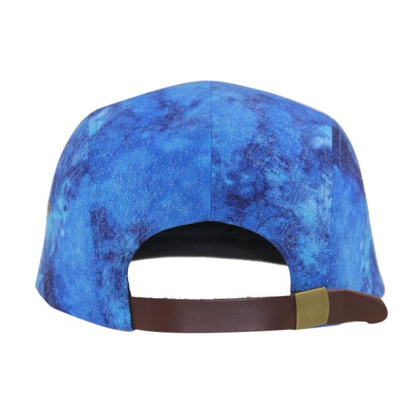 Customized 5 Panel Camp Caps With All Over Sublimation Printing And Woven Patch Logo
