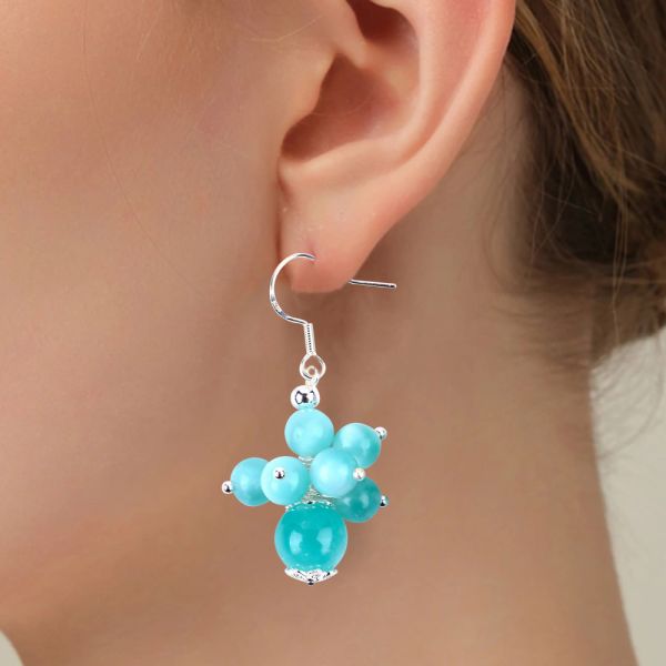 Handmade Light Lake Blue Jade Healing Spiritual Round Bead Flower Dangle Earring For Jewelry Gift