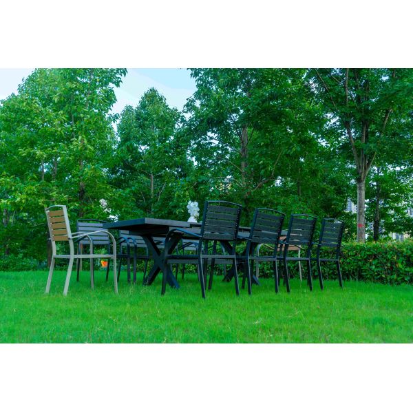 Black 11 Pieces Plastic Wood Modern Outdoor Garden Furniture Table Set 8-10 Seater Extendable Patio Dining Table Chairs