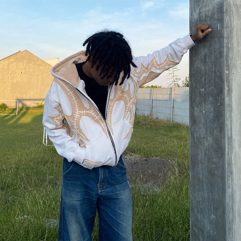 3D Distressed Applique Embroidery Hoodie Cropped Mens Hoodies Jacket Anti Wrinkle