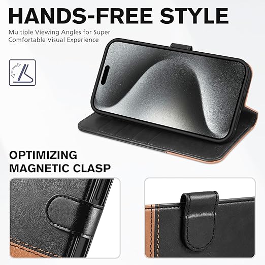 RFID Blocking 4 Card Slots Kickstand Shockproof TPU Interior Case for iPhone 15 Pro Max Leather Magnetic Wallet Case Case