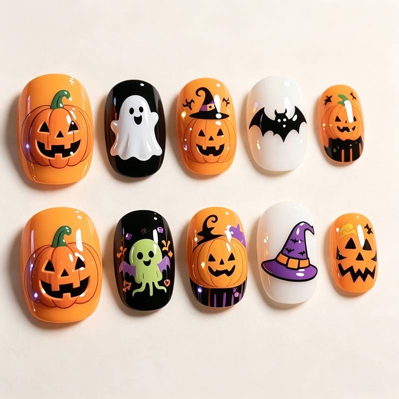 Factory Halloween Holiday False Nails Cute Ghost Pumpkin Print Custom Logo