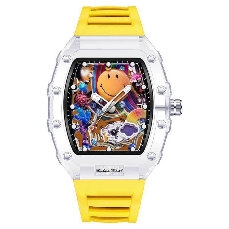Men White Tonneau Barrel Quartz Watch Colorful Graffiti Smiley Face Hollow Dial Hip Hop Street Fashion Waterproof Silicone Strap Wristwatch