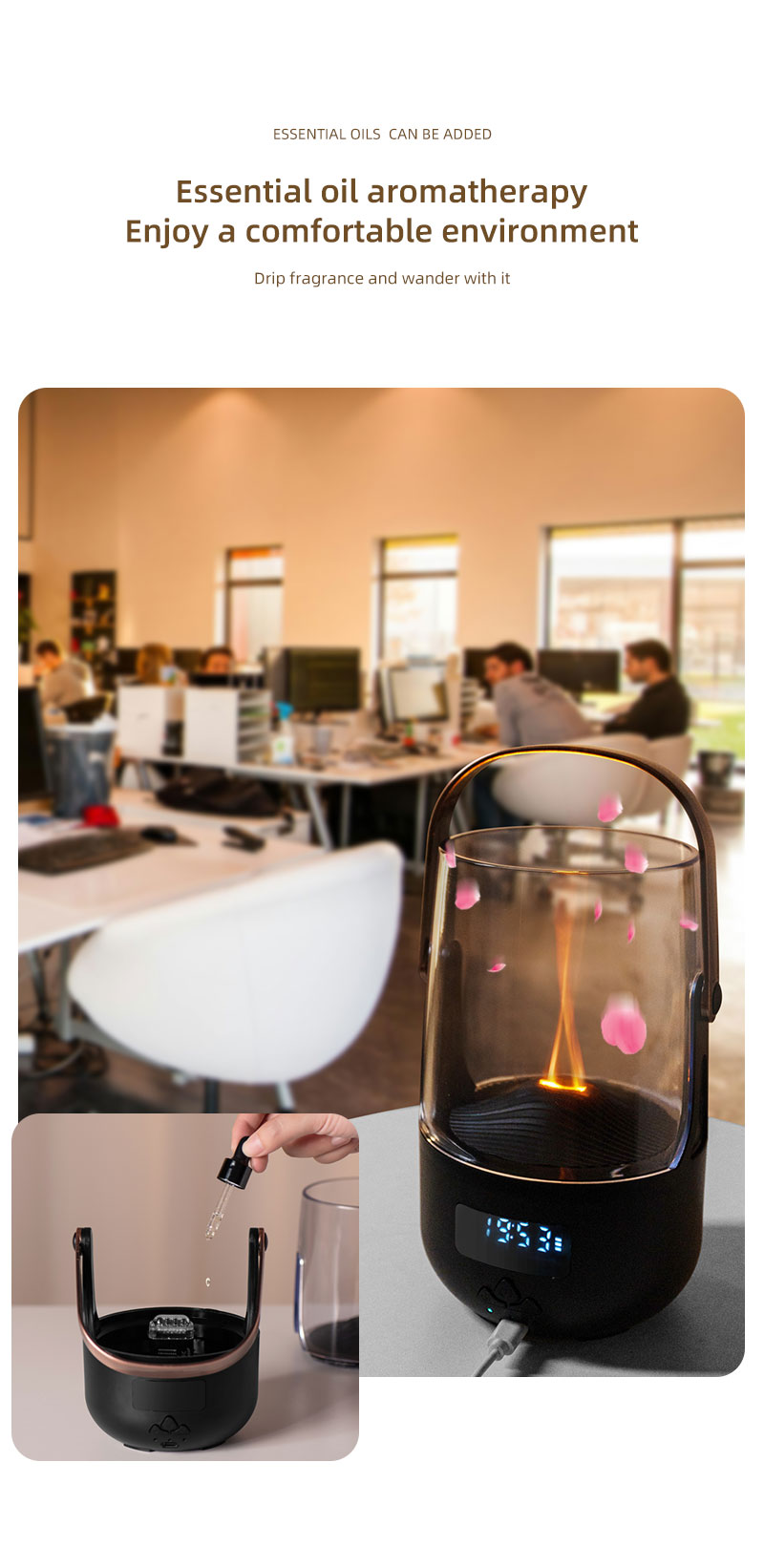 FUSMLI 3D Realistic Flame Aroma Diffuser 200ml Large Tank Quiet Operation with Type-C Charging Flame Humidifier