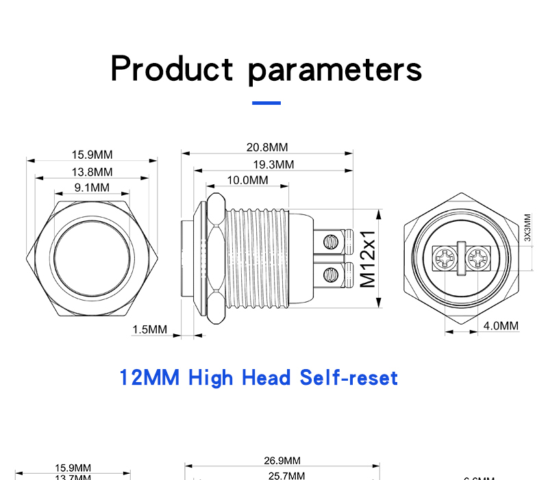 12MM Flat Head High Head Metal Push button Switch with Screw Foot 2Pins Self-Resetting Self-Locking 1NO Non-Illuminated