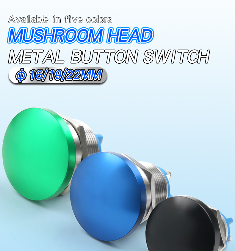16/19/22mm Stainless Steel Self-Resetting Push Button Switch IP65 Level 220V Max Voltage Mushroom Head Screw Foot 1NO Switch