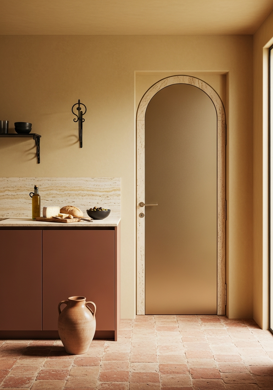 Arched Mediterranean Entry Door with Travertine Inlay - 304 Stainless Steel