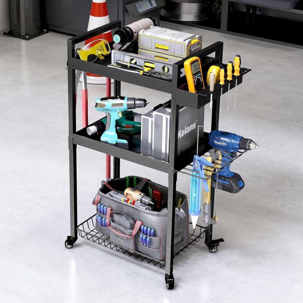 Montado en la pared 3 Niveles de perforación Estante de estantería Portaherramientas de carrito rodante para organización de talleres