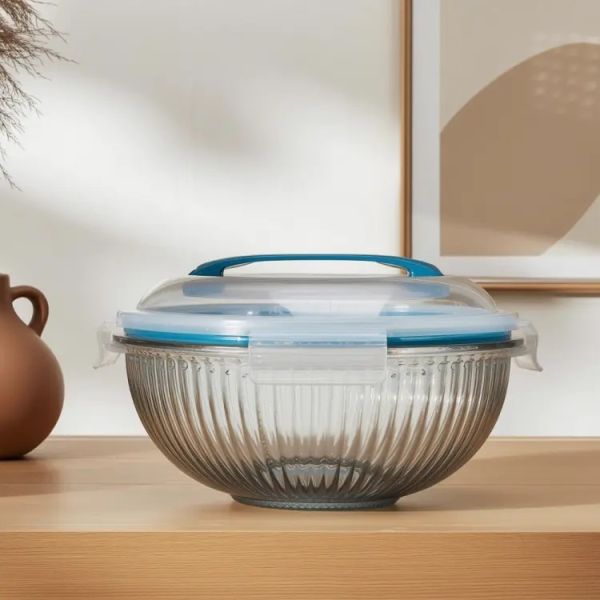 IKOO 3500ml Striped High Borosilicate Glass Mixing Bowl with PP Lid
