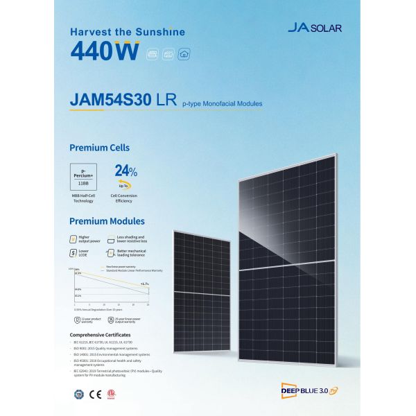 EU Warehouse JA Solar 415W-440W Deep Blue 3.0 JAM54S30 LR Monofacial Solar Panel Made