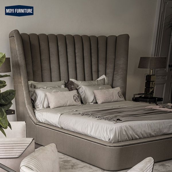 MOYI Italy Modern Style Microfiber Leather Bed Room king Size Furniture Big Velvet Head Boards Brown Diamond Double king Bed