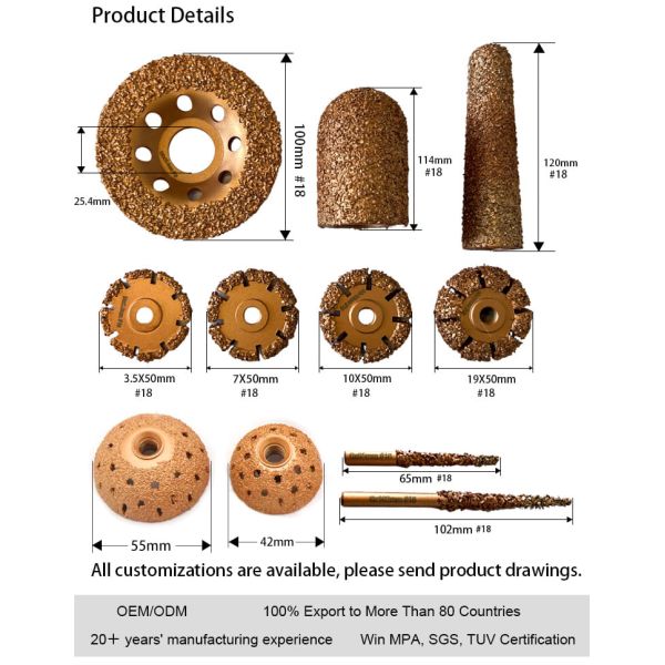 Вакуумно сварное вальфокарбидное шлифовальное колесо размеры 50x7 мм # 18 для шлифования шин