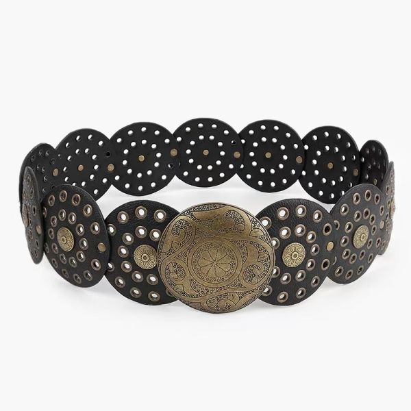 Vintage baddie, Y2K subculture, disc hook faux leather, retro rivet patchwork alloy belt, wide belt