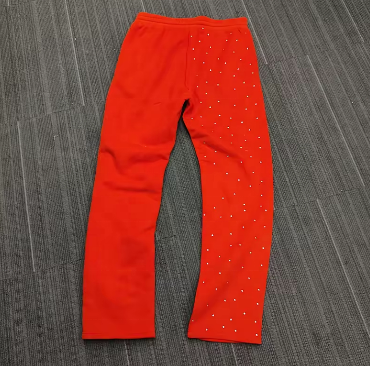Custom Rhinestone Puff Print Sweat Pants Joggers Vintage Acid Wash Flared Sweatpants Men