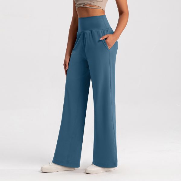 Soft Stretch Fabric Women's Wide Leg Yoga Pants High Waisted Blue with Pockets